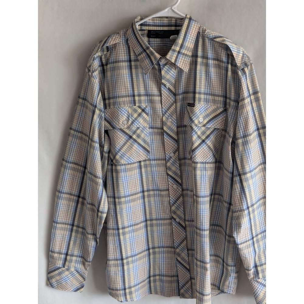 Rocawear Mens Plaid Button Down Shirt Blue Tan Long Sleeve Epaulets XL